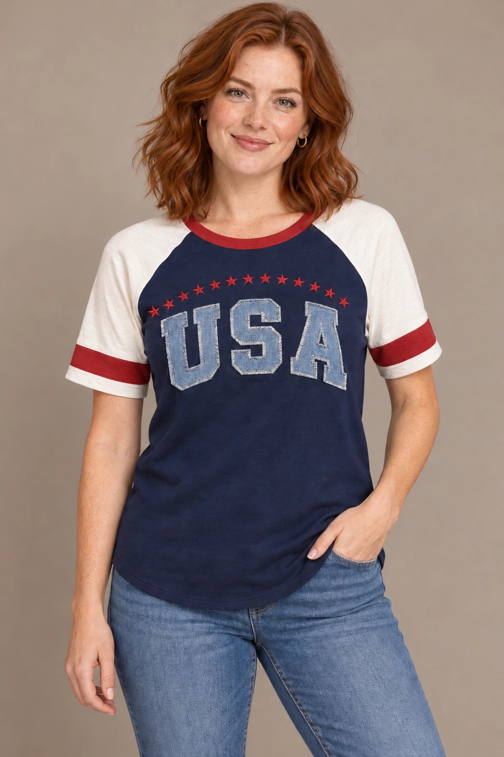 USA Denim Appliqué, Peacoat / Ecru: front